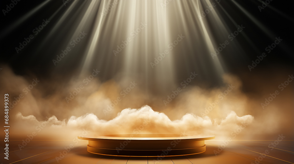 golden round podium with light clouds, a stage for a new product with an empty copy space - obrazy, fototapety, plakaty 