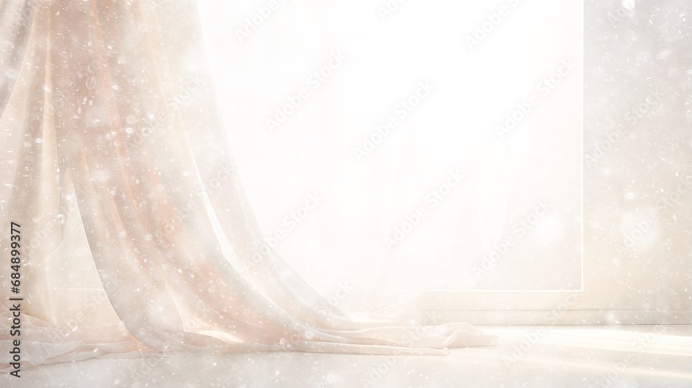 white background delicate soft color pink curtain on the window, in a blurred snow-white blur bokeh, snowfall design, blank, abstract - obrazy, fototapety, plakaty 