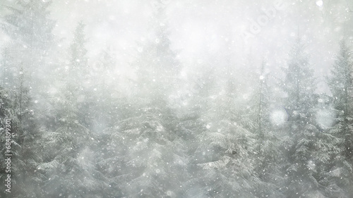 background landscape snowfall in foggy forest, winter view, blurred forest in snowfall with copy space © kichigin19