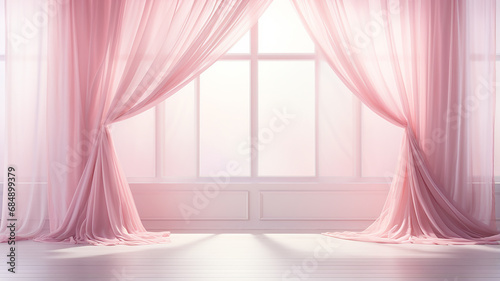 delicate pink curtain translucent silk on the window, interior light soft pastel , decoration wall room