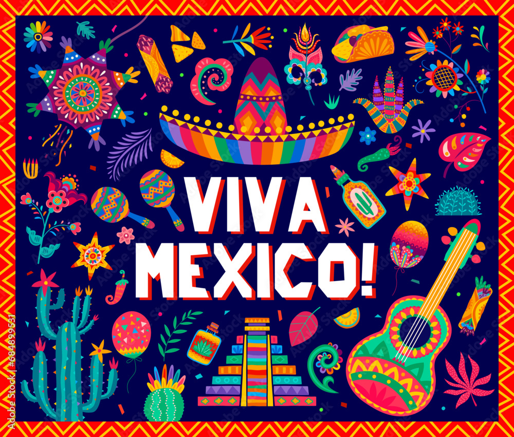 Viva mexico banner with sombrero, tropical flowers, pinata and guitar. Vector greeting card in traditional alebrije style with national landmarks as pyramid, maracas, cacti flowers, tequila, tex mex Viva mexico banner with sombrero, tropical flowers, pinata and guitar. Vector greeting card in traditional alebrije style with national landmarks as pyramid, maracas, cacti flowers, tequila, tex mex