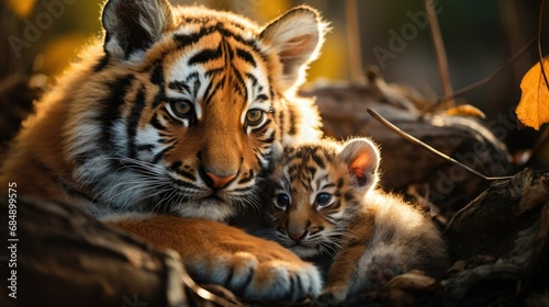 tiger hugs tiger small  family of wild animals in nature