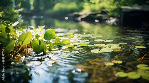 Pink water lily on surface of pond. Lotus flower for text or decorative artwork, beautiful reflection. Plant symbolizes resurrection and Buddhists believe that the waterlily represents enlightenment. 