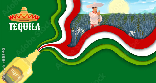 Jimador farmer and blue agave plantation, Mexican tequila paper cut banner, vector background. Mexican national drink production poster with man in sombrero on field of blue agave harvest in papercut