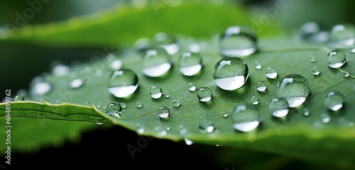 Extreme close-up of crystal-clear water droplets on a leaf, cool aqua and mossy greens, in the style of macro photography, depth of field, serene visuals, minimalistic simplicity,
