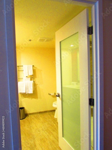 Canvas Print Glass Bathroom Door in Hotel Room on the Las Vegas Strip, Vacation Destination