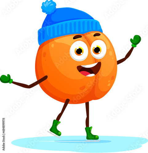 Peach character ice skating, Christmas holiday fruit cartoon personage. Vector cute peach skater emoticon having fun on ice rink with happy face, cheerful smile. Xmas winter outdoor activities emoji