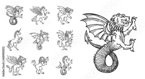 Medieval heraldic animals sketch, lion, unicorn or pegasus, dragon and griffin, vector symbols. Heraldry sketch mythic creatures of unicorn, lion dragon and pegasus mermaid with claws and roar
