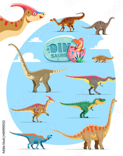 Cartoon dinosaurs funny characters. Plateosaurus, Vulcanodon, Hyperodapedon and Omeisaurus Tarbosaurus, Parasaurolophus and Allosaurus, Iguanodon, Brachiosaurus dinosaurs childish personages set