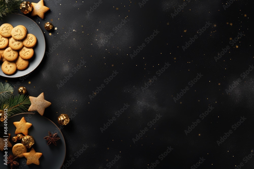 Fototapeta premium Many different gingerbread cookies on black background. Christmas greeting card with cinnamon cookies with icing decoration, fir tree branches. Holiday baking concept. Top view, flat lay, copy space