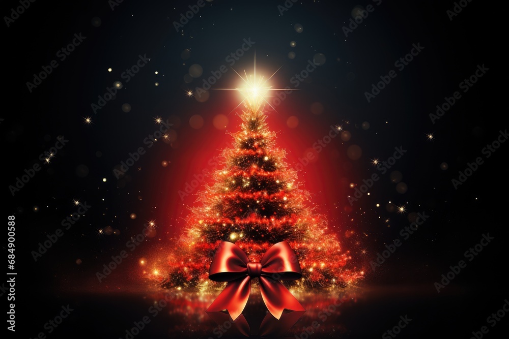 Magic shining red Christmas tree made of sparkles and lights on black background. Happy New Year and Merry Christmas holiday celebration. Holiday greeting card design with copy space Magic shining red Christmas tree made of sparkles and lights on black background. Happy New Year and Merry Christmas holiday celebration. Holiday greeting card design with copy space