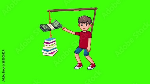 A Boy Chasing Money And Books Infinite Loop 2d Animation On Green Screen