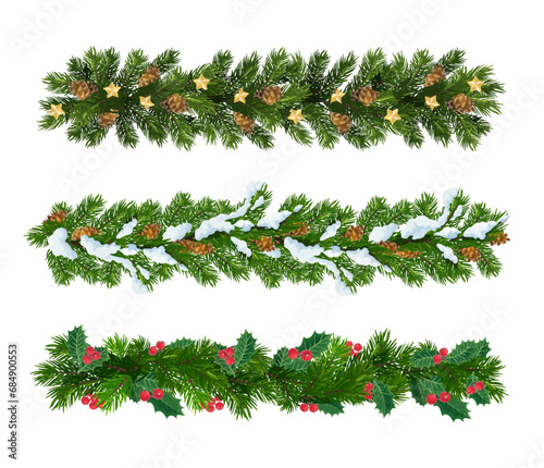 Christmas fir branches, isolated vector green pine tree garlands or borders with realistic needles decorated with golden stars, snow, pine cones and holly berry leaves. Xmas festive conifer decor
