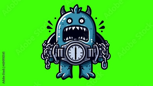 Creative monster watch with timer vector animation on green screen 4k quality.