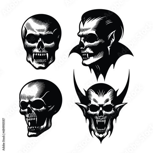 Set of skull head silhouettes isolated on a white background, Vector illustration.