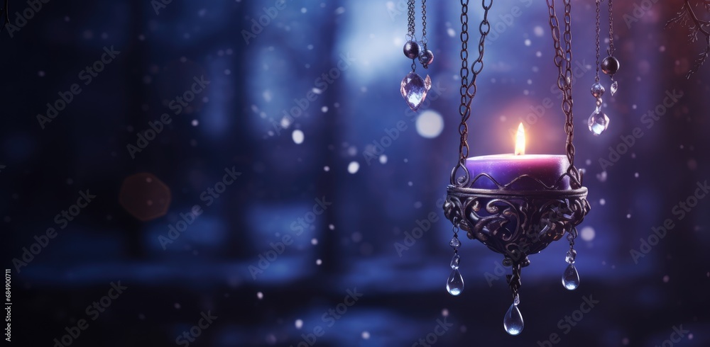 Purple candle with bright flame in antique candlestick on dark blurred background with bokeh lights. Christmas and New Year holiday banner. Prayer concept	