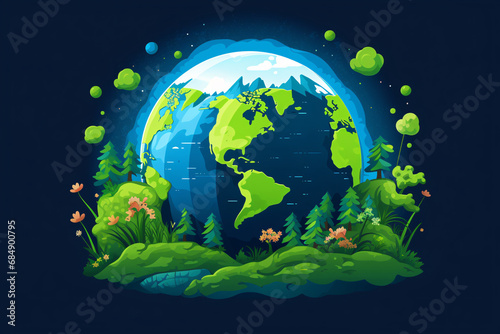 Earth planet with forest and flowers on dark blue background. 