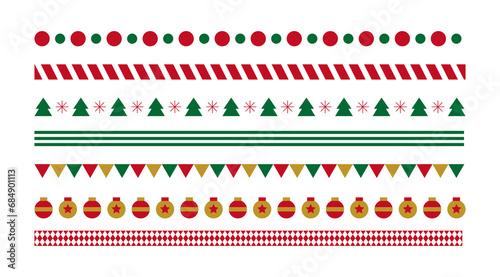 Set of pattern borders for Christmas concept in winter season December. Tree, decorative balls, garlands, flags, rhombus and stripes design elements repeating icons.