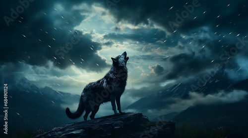 A lone wolf howling under a moonlit sky
 photo