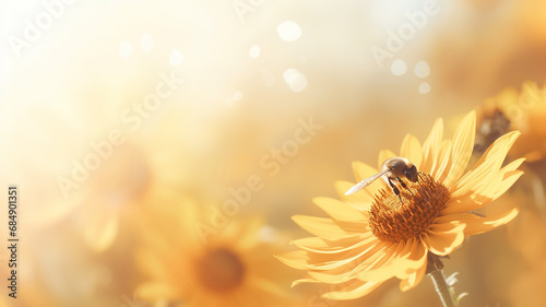 bees pollinate flowers in the morning fog of the last days of summer  landscape  silence and beauty of wildlife in early autumn