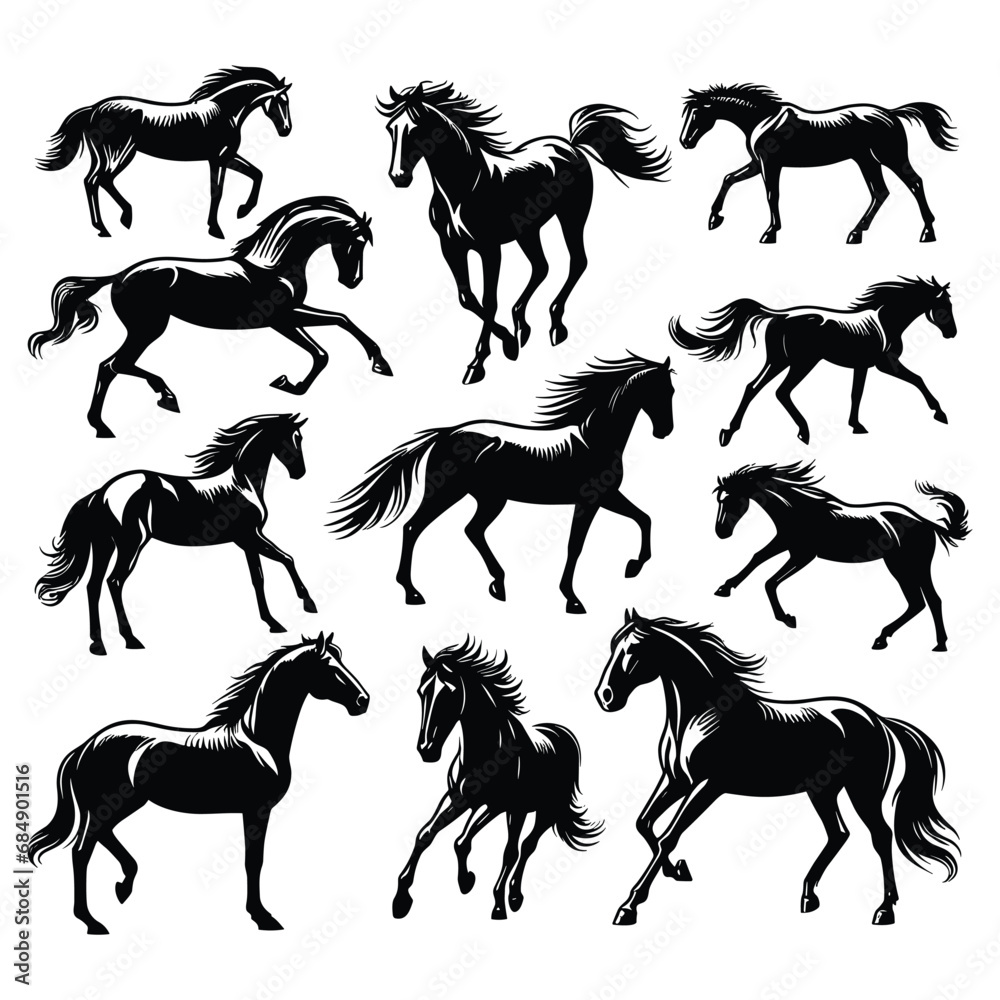 Set of horse silhouettes isolated on a white background, Vector illustration. Set of horse silhouettes isolated on a white background, Vector illustration.