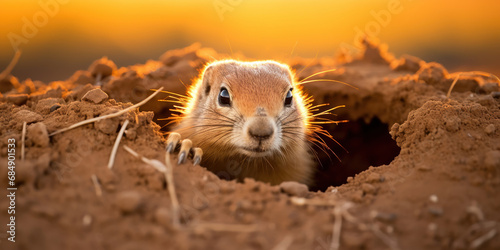 The watchful eyes of a prairie dog emerge from a hole, with a backdrop of golden, sunlit grasslands photo