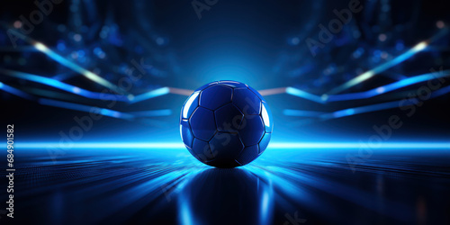 The dramatic contrast of a game ball under the spotlight of blue lights, set in the dark, anticipatory setting of a playing field