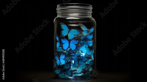 Glowing blue butterflies mason jar light Generative AI