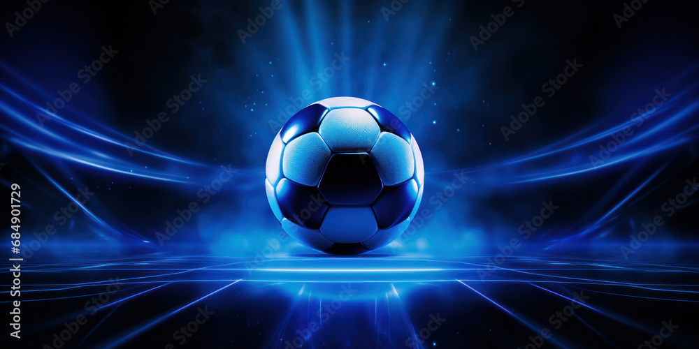 The dramatic contrast of a game ball under the spotlight of blue lights, set in the dark, anticipatory setting of a playing field - obrazy, fototapety, plakaty 