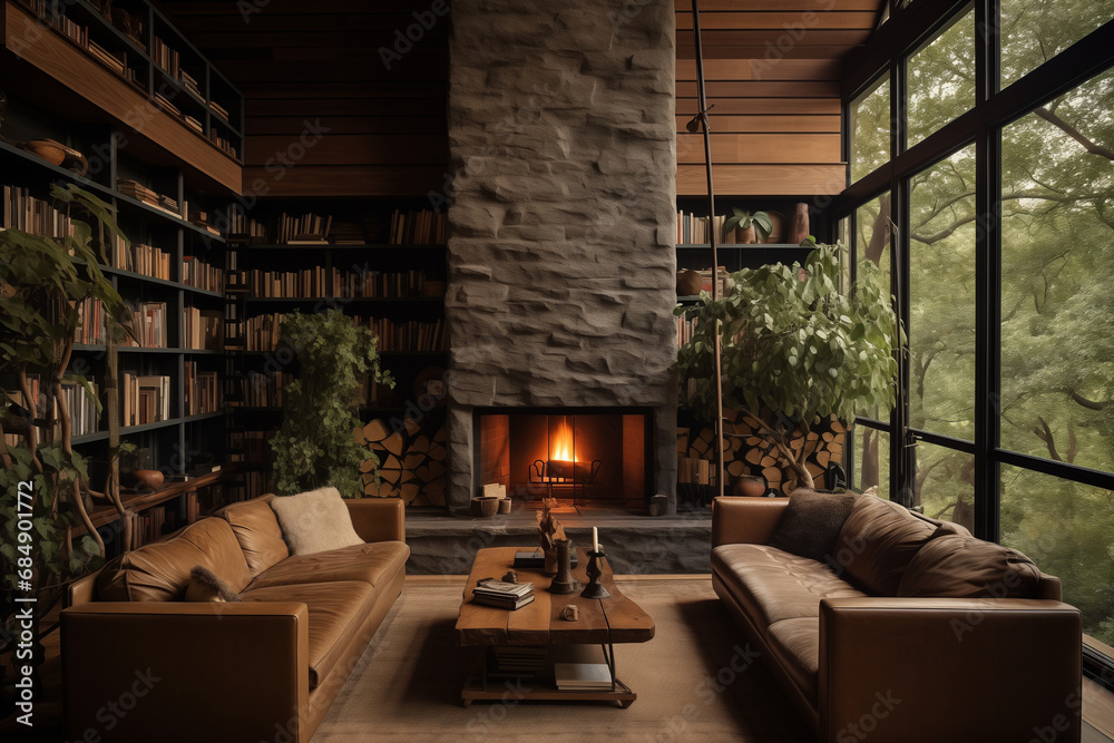 Rustic Library with Stone Fireplace and Lush Green View Rustic Library with Stone Fireplace and Lush Green View