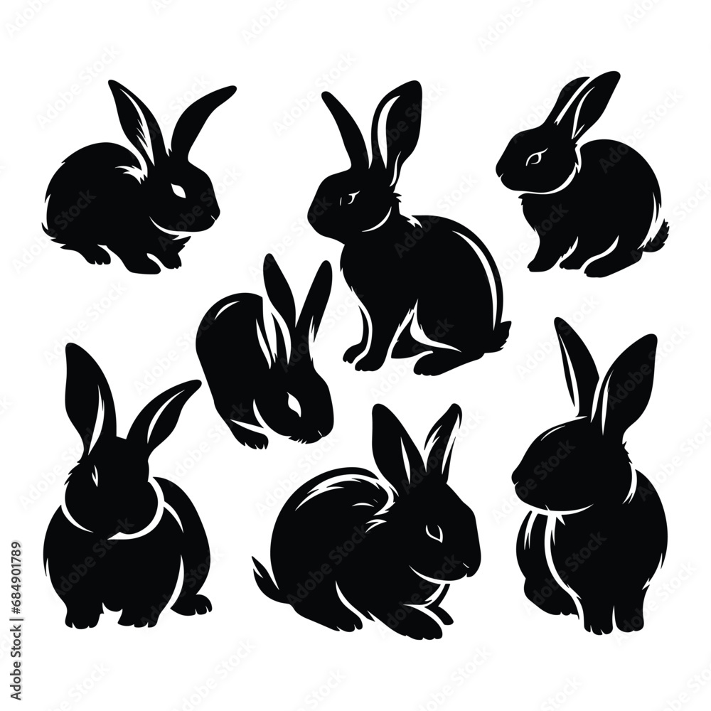 Fototapeta premium Set of bunny silhouettes isolated on a white background, Vector illustration.