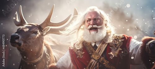 Chrismast background of Santa Claus and his reindeer