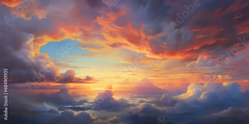 Vibrant depiction of the sky's colorful transition during sunset, featuring twilight hues and billowing clouds.