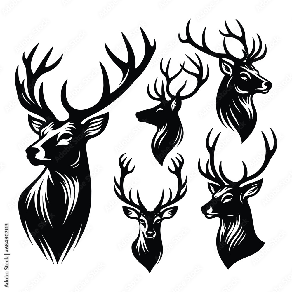 Set of Deer head silhouettes isolated on a white background, Vector illustration. Set of Deer head silhouettes isolated on a white background, Vector illustration.