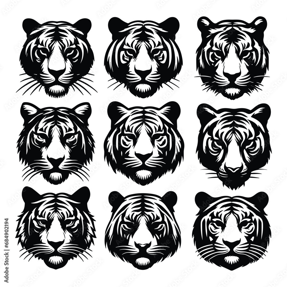 Set of tiger head silhouettes isolated on a white background, Vector illustration.