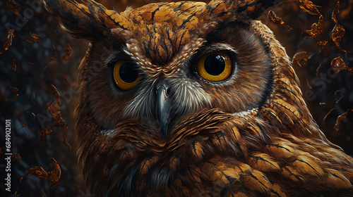 Majestic owl intricate details closeup big yellow Generative AI