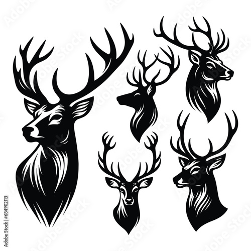 Set of Deer head silhouettes isolated on a white background, Vector illustration.