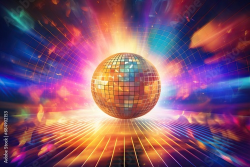 Disco or mirror ball with rainbow on bright colorful background with lights. Music and dance party background. Trendy party symbol. Abstract retro 80s and 90s concept