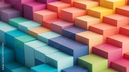 Spectrum of stacked multi-colored wooden blocks. Background or cover for something creative  diverse  expanding  rising or growing. Shallow depth of field   abstract art background
