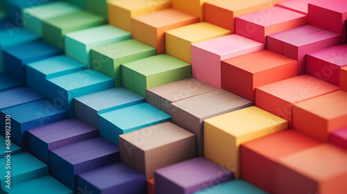 Spectrum of stacked multi-colored wooden blocks. Background or cover for something creative  diverse  expanding  rising or growing. Shallow depth of field   abstract art background