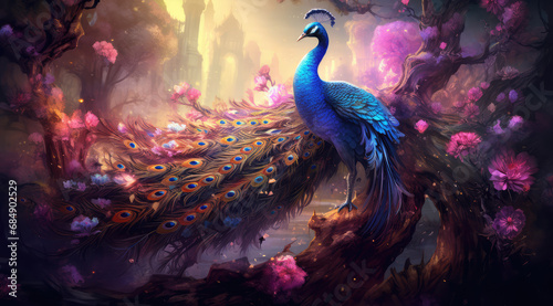 the colorful peacock standing in the forest