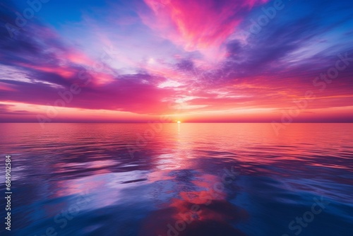 A breathtaking sunset over a calm ocean, with hues of magenta, coral, and lavender reflecting on the water's surface.