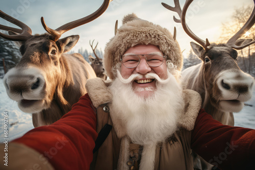 Santa Claus takes a selfie with his reindeer