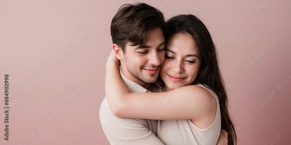 Cute lover couple hugging each other, isolated on a pink background with copy space Cute lover couple hugging each other, isolated on a pink background with copy space
