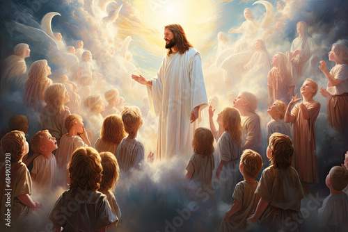 Jesus Christ and children in heaven light photo
