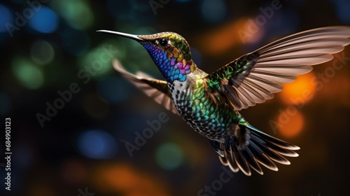A captivating close-up shot of a hummingbird in mid-flight, with its iridescent feathers and rapid wing beats frozen in time, capturing the grace and beauty of these agile avian wonders. © MalikAbdul