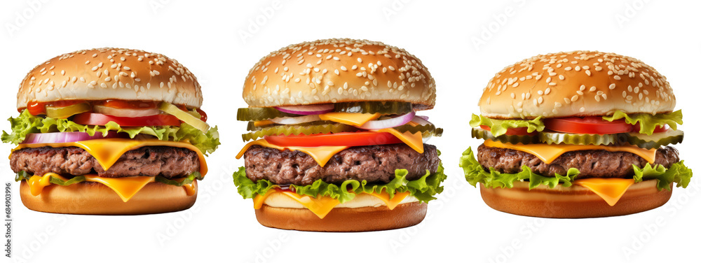 Closeup of a delicious beef burger on a white transparent background Closeup of a delicious beef burger on a white transparent background