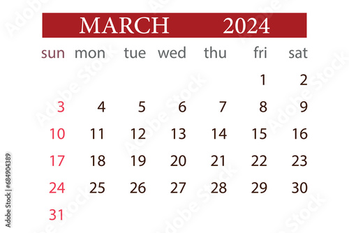MARCH 2024 calendar monthly planner start sunday template vector.