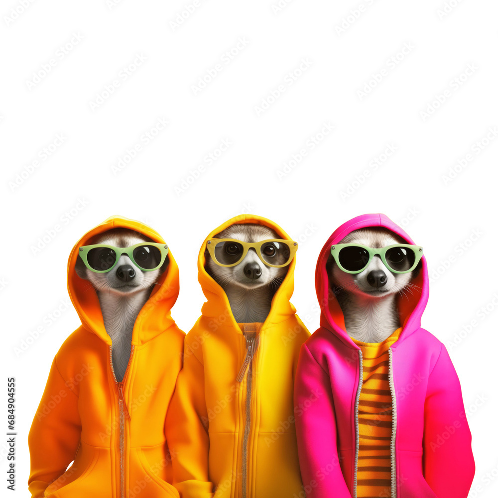 Three meerkats dressed in colorful hip hop style for rap party, colorful costumes