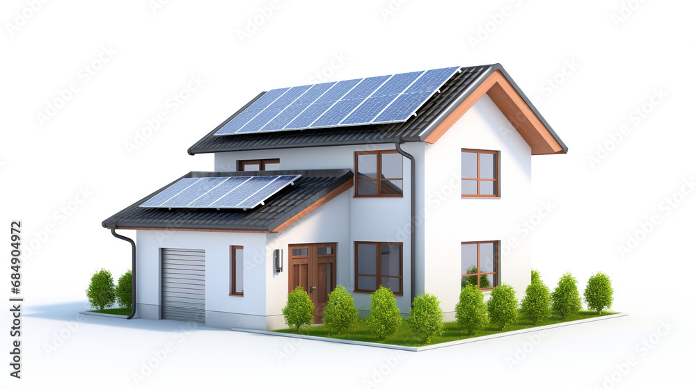 miniature house model with solar panel on roof on white background. smart home energy saving concept
 - obrazy, fototapety, plakaty 